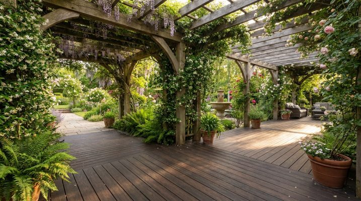 Không gian giàn hoa pergola xanh mướt nổi bật với nền sàn gỗ nhựa ngoài trời màu nâu trầm. Không gian giàn hoa pergola xanh mướt nổi bật với nền sàn gỗ nhựa ngoài trời màu nâu trầm.