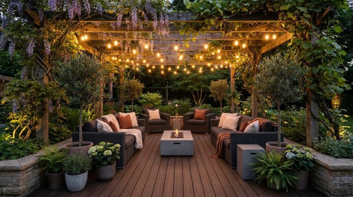 Không gian thư giãn tuyệt đẹp dưới giàn pergola với sàn gỗ màu trầm và hệ thống đèn LED lung linh. Không gian thư giãn tuyệt đẹp dưới giàn pergola với sàn gỗ màu trầm và hệ thống đèn LED lung linh.