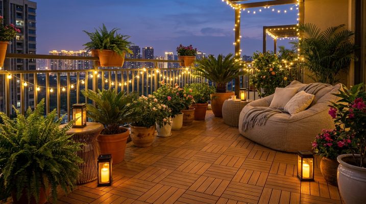 Không gian ban công trang trí đèn lung linh trên nền vỉ sàn gỗ nhựa cực chill vào ban đêm. Không gian ban công trang trí đèn lung linh trên nền vỉ sàn gỗ nhựa cực chill vào ban đêm.