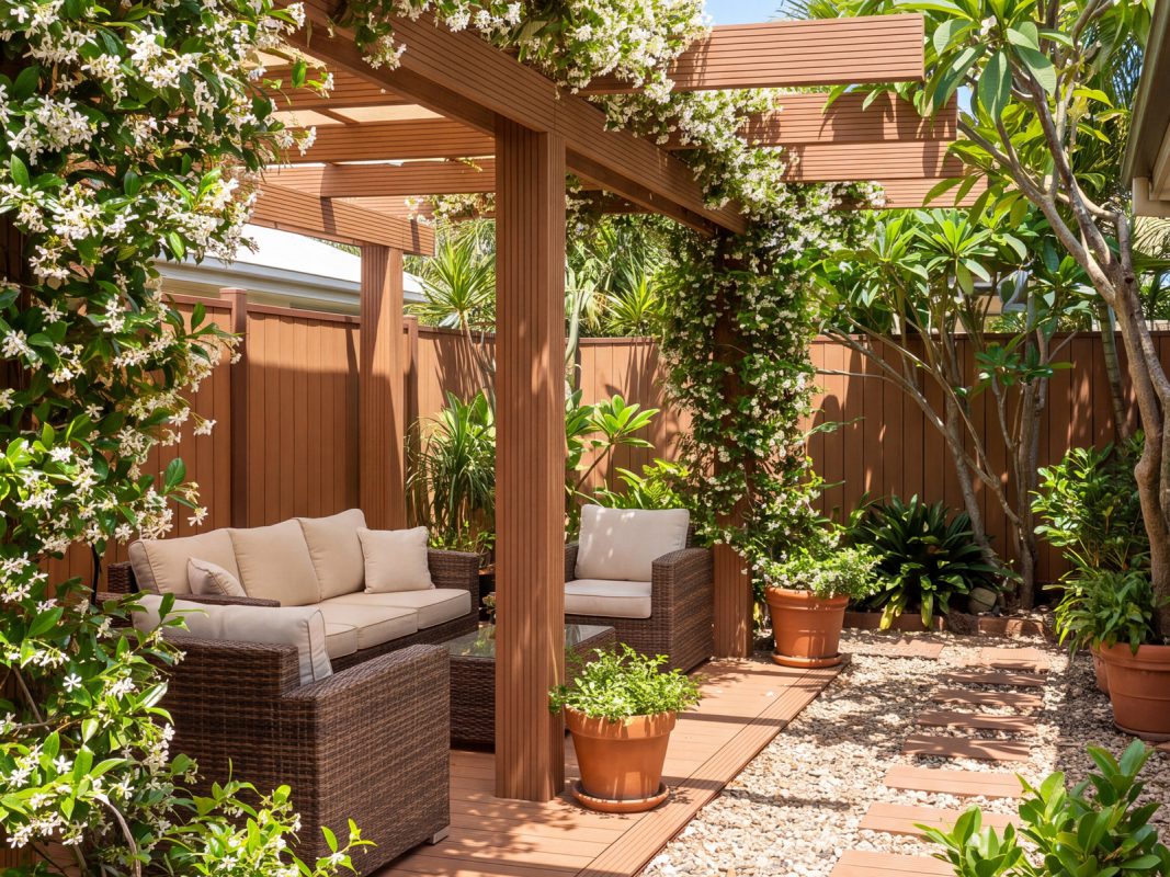 Giàn hoa pergola gỗ nhựa – ảnh bìa – Hoàng Gia Nam Việt