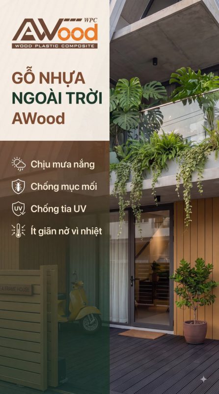 Gỗ nhựa ngoài trời AWood chịu mưa nắng, chống mục mối, chống tia UV, ít giãn nở